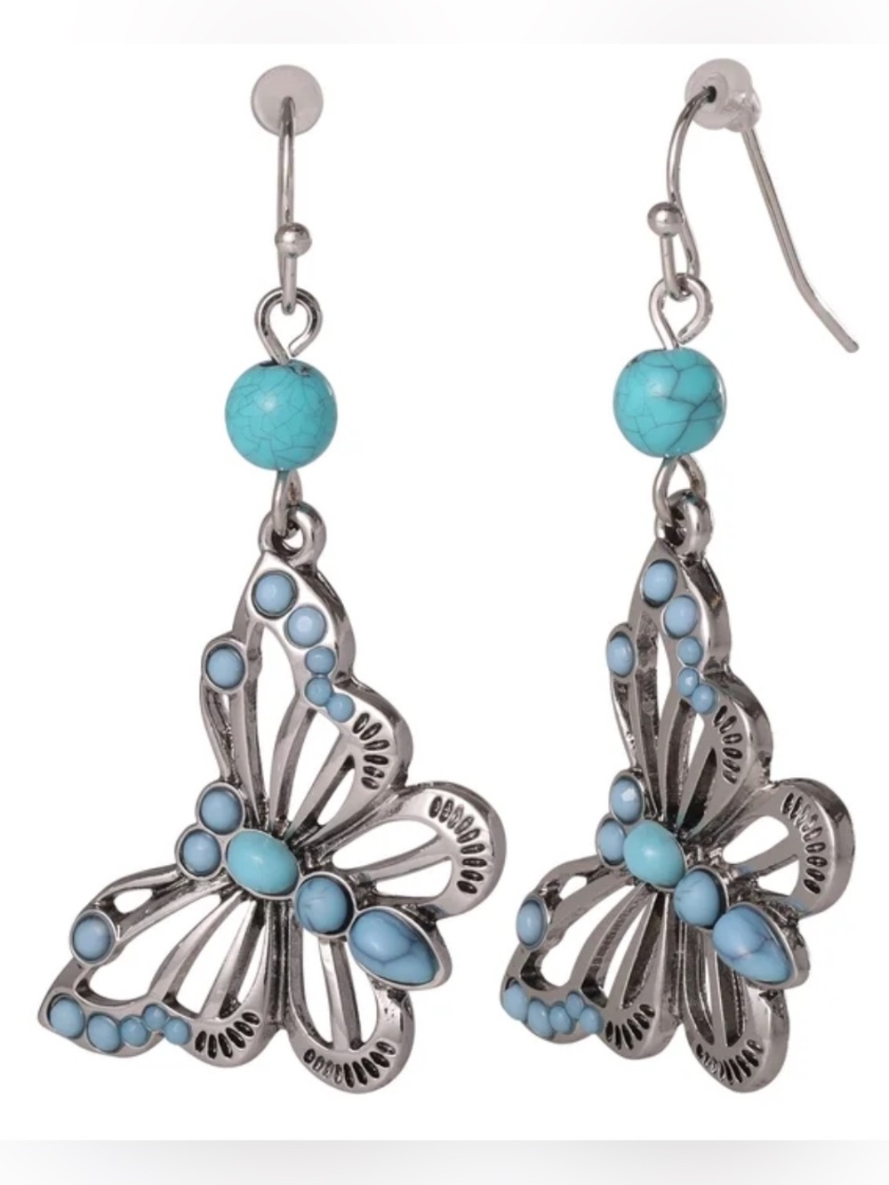 Jessica Simpson Turquoise Look Western Bull Skull Butterfly Earrings Set Silvert - Picture 3 of 4